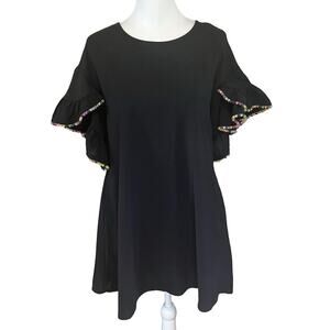 Very J Black Ruffle Sleeve Dress M Pom Pom Trim Shift Party Boho Fiesta Fun